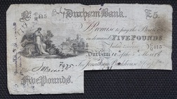 Provincial Banknote, Durham Bank: White Five Pounds, Date 10th May 1886. Grade: Fair