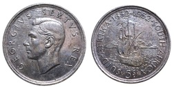 South Africa, 1952 Silver 5 Shillings, Rev: 300th anniversary - Founding of Capetown, GVF scuffing
