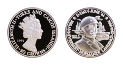 Turks & Caicos Islands, 20 Crowns, 1994 Silver proof. Commemorating D-Day, in Capsule FDC