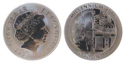 Gibraltar, 1999 Five Pounds, world's first Titanium coin. Subject: Millennium 2000, Choice Proof FDC scarce