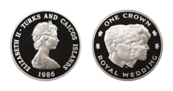 Turks & Caicos Islands, 1986 One Crown, Royal Wedding, Silver Proof in Capsule FDC