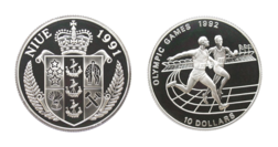 Niue, 10 Dollars, 1991 Silver Proof FDC in capsule Summer Olympics Reverse: Runner. Minted in Sterling .925 Silver