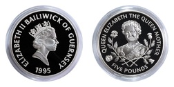 Guernsey, Five Pounds 1995 'Queen Mother's 95th Birthday' Silver Proof a minor carbon spot in rim otherwise, FDC