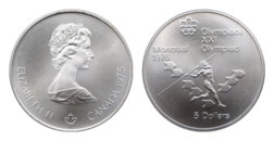 Canada, 1975 Silver 5 Dollars in Capsule, UNC. 1976 Olympic Games Montreal. Reverse: "Women's Javelin event".