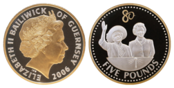 Guernsey, Five Pounds, 2006 "Queen's 80th Birthday" Silver Proof, in Capsule FDC.