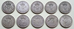 George VI. Florins Set, (1937-46) Silver date run 10 Coin, GF to VF