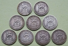Edward VII. Shilling Set, (1902-10) Sterling Silver 9 coins, F to GF