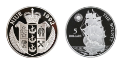 Niue, 5 Dollars 1992 Reverse: 'HMS Bounty' Silver Proof in Capsule FDC