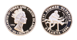 Turks & Caicos Islands 20 Crowns, 1995 Silver Proof. Commemorating the 1996 Atlanta XXVI Summer Olympics.
