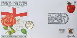 One Pound, 1987 First Day Cover, representing England with an English Oak Tree, Royal Mint issue with 18p stamp, UNC