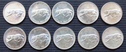 Canada, 25 Cents 1967 (10) coins 0.800 silver, Rev: Lynx striding, taken from mint bag, EF