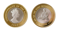 Bahamas, 2 Dollars Silver 2000 Proof Light toning FDC in Capsule. Commemorating The Queen Mother's Centenary
