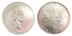 Canada, 1996 Five Dollars, 1oz 0.999 Silver Maple Leaf, UNC reverse toning, supplied in Capsule