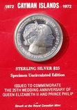 Cayman Islands, 1972 $25 Elizabeth II & Phillip's 25th Wedding anniversary, 1.1/2 ounce Sterling Silver coin on Card UNC