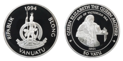 Vanuatu, 50 Vatu 1994 'Queen Elizabeth The Queen Mother' Silver Proof in Capsule & Royal Mint Certificate FDC