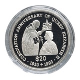Tuvalu, 20 Dollars Coronation Anniversary Crown 1953-1993 Silver Proof in Capsule & Certificate FDC