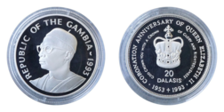 Gambia, 20 Dalasis 1993 Anniversary - Coronation Silver Proof in Capsule FDC