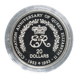 Niue, 20 Dollars 1993 Anniversary of the Coronation of Queen Elizabeth II. Silver Proof in Capsule & Certificate