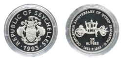 Seychelles, 25 Rupees 1993 Silver Proof Queen Elizabeth II 'Coronation Anniversary In Capsule & Royal Mint Certificate FDC