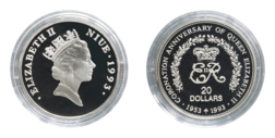 Niue, 20 Dollars 1993 Anniversary of the Coronation of Queen Elizabeth II. Silver Proof in Capsule only