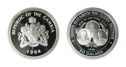 Gambia, 20 Dalasis 1994  ' Queen Elizabeth The Queen Mother' Silver Proof in Capsule & Certificate FDC