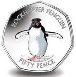 Falkland Islands, 2017 Fifty Pence "SOUTHERN ROCKHOPPER" Penguin, Coloured Cupro-Nickel Diamond Finish, in Capsule