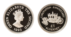 Alderney, One Pound 1993 Silver Proof "40th Anniversary of Coronation"  in Capsule, FDC