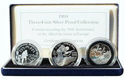 Allied Forces,1994 Silver Proof (3) Coin Collection, Commemorating the 50th Anniversary of the Allied Invasion of Europe.