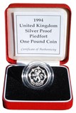 1994 UK, One Pound "Piedfort" Silver Proof Boxed Certificate FDC