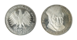 Germany - Federal Republic, 1977J Silver 5 Mark, 'Birth of Carl Friedrich Gauss' EF