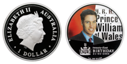 Australia, 2003 Dollar, 1 ounce 0.999 Silver Proof in Capsule Prince William of Wales' 21st Birthday FDC
