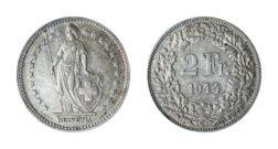 Switzerland, 1944B Silver 2 Francs, GVF