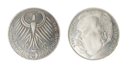 Germany - Federal Republic, 1975J Silver 5 Mark, 'Death of Friedrich Ebert' UNC