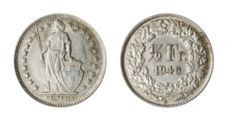 Switzerland, 1945B Silver 1/2 Franc, GVF