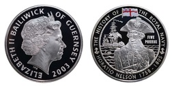 Guernsey, Five Pounds 2003 Silver Proof  'Horatio Nelson' in capsule FDC