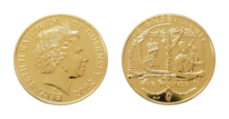 Guernsey,  Five Pounds 2002 "Golden Jubilee" Base metal Gilt Gold plated copper-nickel, choice UNC in capsule of issue