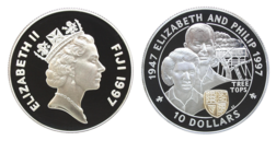 Fiji, 10 Dollars 1997 Silver Proof Capsule & Certificate, Queen's Golden Wedding Anniversary FDC