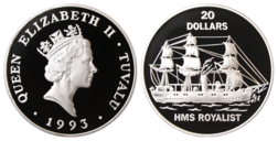 Tuvalu, 20 Dollars 1993 Silver Proof Commemorating the 50th anniversary of the launch of 'HMS Royalist' Ship FDC