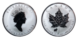 Canada, 1999 Five Dollars, 1oz Silver Maple Leaf with "Rabbit" privy mark UNC in Capsule