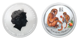 Australian, 2016 One Ounce 0.999 Silver Lunar "Coloured" 'Year of the Monkey' Choice UNC Encapsulated