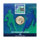 Australian, 5 Dollars 2003 'RUGBY WORLD CUP' Brilliant Uncirculated Coin in Mint Folder