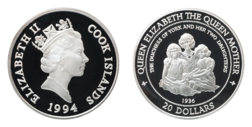 Cook Islands, 20 Dollars 1994 Commemorating 'The Lady of the Century' Silver Proof choice FDC in Capsule with Royal Mint Certificate