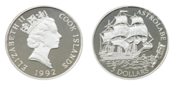 Cook Islands, 5 dollars 1992 'Sailing ship Astrolabe' Silver Proof in Capsule FDC