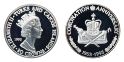 Turks & Caicos Islands, 20 Crowns 1993 1 ounce 0.999 Silver Proof rev: Coronation Anniversary 1953-1993' in Capsule FDC