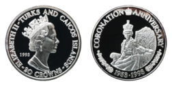 Turks & Caicos islands, 20 Crowns 1993 One Ounce .999 Silver Proof '40th Anniversary Crown' in Capsule FDC