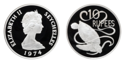Seychelles, 10 Rupees 1974 Silver Proof, Mint sealed in Pliofilm Packet