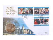 Falkland Islands, 1997 £5 Five Pounds Golden Wedding Anniversary Coin First Day Cover, UNC