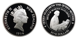 New Zealand, 5 Dollars 1994 Silver Proof "The Queen Mother" in Capsule & Royal Mint Certificate, FDC