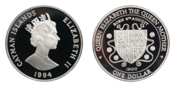 Cayman Islands, 1994 One Dollar, Rev "Queen Mother's Arms" in Capsule with Royal Mint Certificate FDC