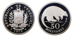 Venezuela, 50 Bolivares 1975 Silver Proof FDC. Part of the Conservation series "Giant Armadillo" One Ounce of silver